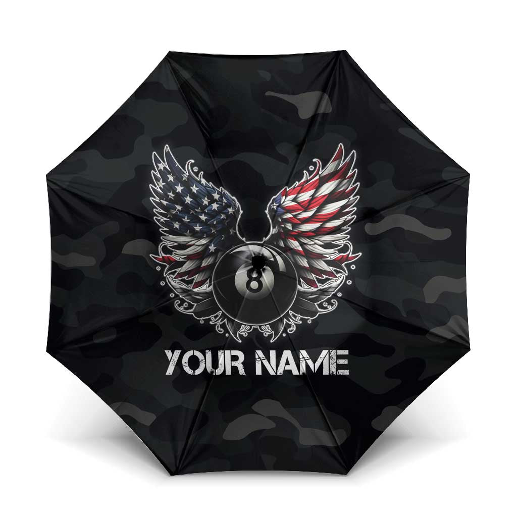 Custom American Flag Billiards Umbrella with 8-Ball Wings and Camo Background - Wonder Print Shop