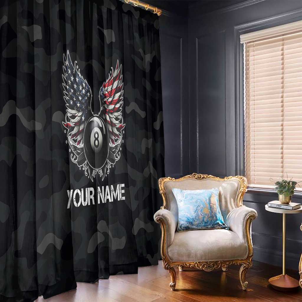 Custom American Flag Billiards Window Curtain with 8-Ball Wings and Camo Background - Wonder Print Shop