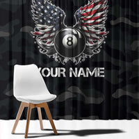 Custom American Flag Billiards Window Curtain with 8-Ball Wings and Camo Background - Wonder Print Shop