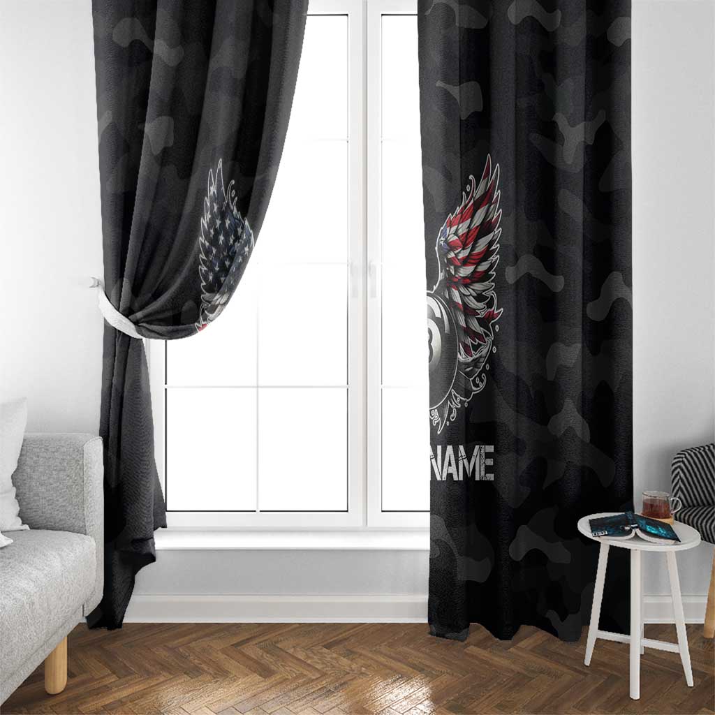 Custom American Flag Billiards Window Curtain with 8-Ball Wings and Camo Background - Wonder Print Shop