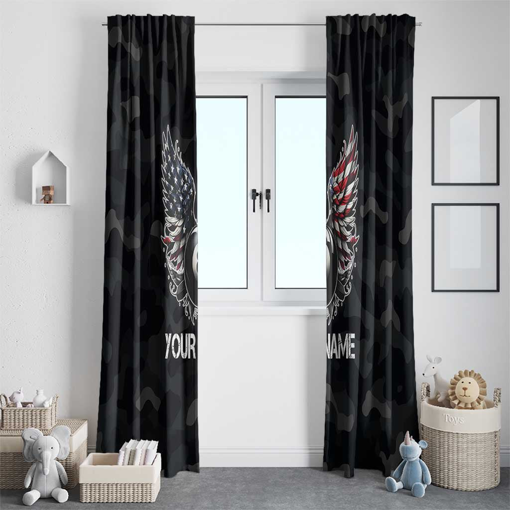 Custom American Flag Billiards Window Curtain with 8-Ball Wings and Camo Background - Wonder Print Shop