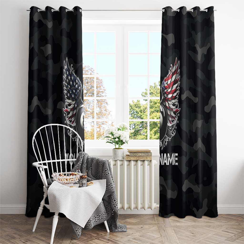 Custom American Flag Billiards Window Curtain with 8-Ball Wings and Camo Background - Wonder Print Shop