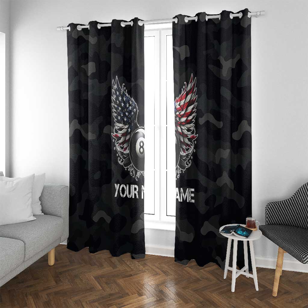 Custom American Flag Billiards Window Curtain with 8-Ball Wings and Camo Background - Wonder Print Shop