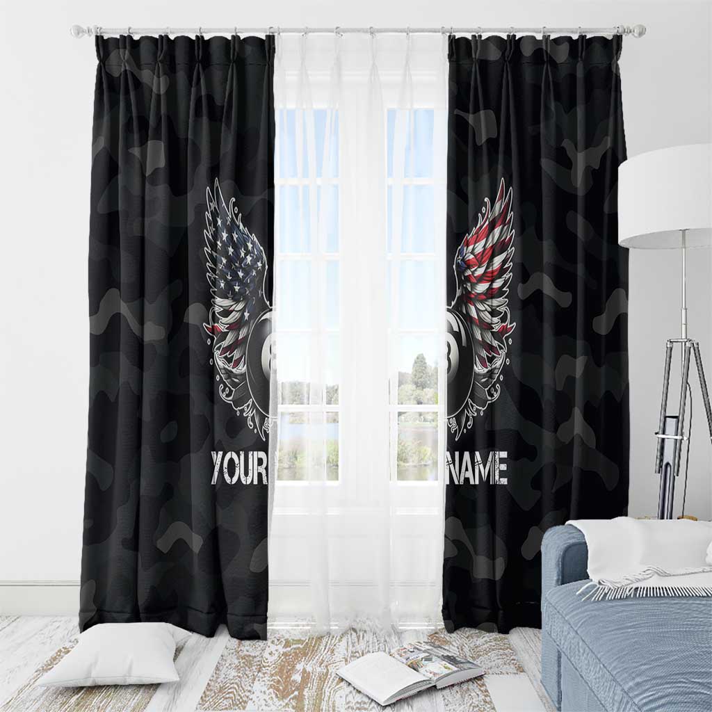 Custom American Flag Billiards Window Curtain with 8-Ball Wings and Camo Background - Wonder Print Shop
