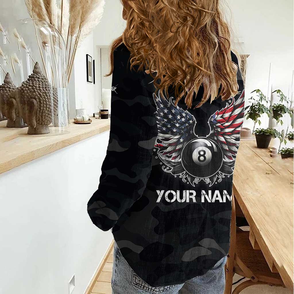 Custom American Flag Billiards Women Casual Shirt with 8-Ball Wings and Camo Background - Wonder Print Shop