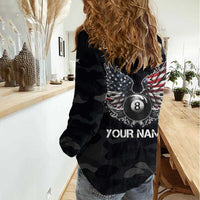 Custom American Flag Billiards Women Casual Shirt with 8-Ball Wings and Camo Background - Wonder Print Shop