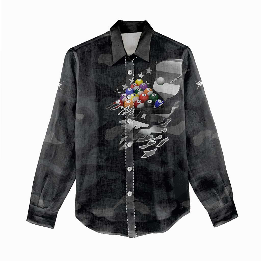 Custom American Flag Billiards Women Casual Shirt with 8-Ball Wings and Camo Background - Wonder Print Shop