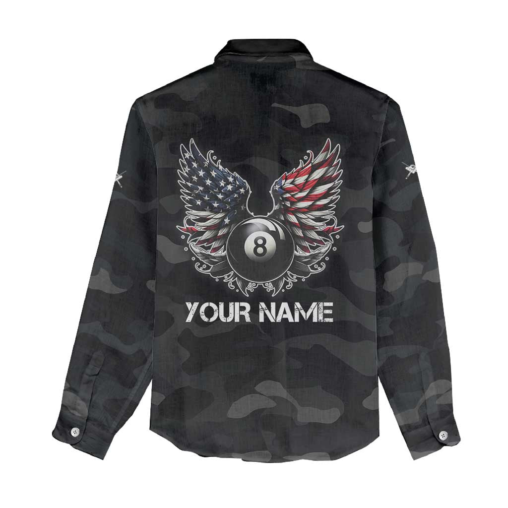Custom American Flag Billiards Women Casual Shirt with 8-Ball Wings and Camo Background - Wonder Print Shop