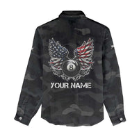 Custom American Flag Billiards Women Casual Shirt with 8-Ball Wings and Camo Background - Wonder Print Shop