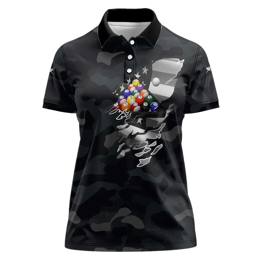 Custom American Flag Billiards Women Polo Shirt with 8-Ball Wings and Camo Background - Wonder Print Shop