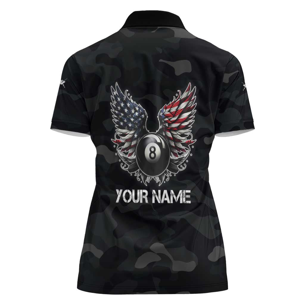 Custom American Flag Billiards Women Polo Shirt with 8-Ball Wings and Camo Background - Wonder Print Shop