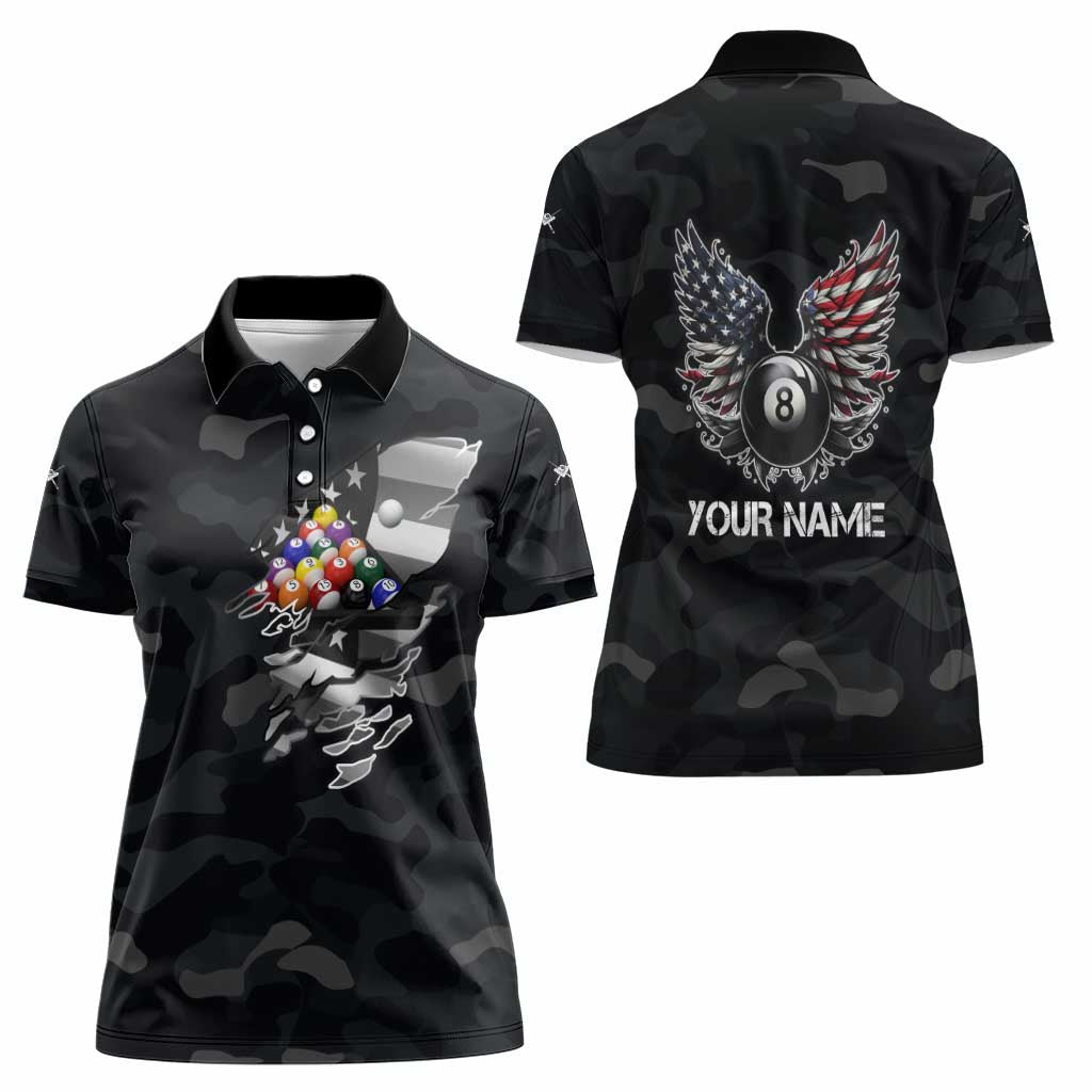 Custom American Flag Billiards Women Polo Shirt with 8-Ball Wings and Camo Background - Wonder Print Shop