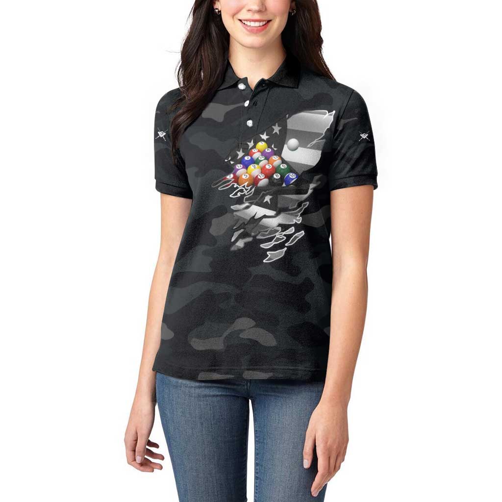 Custom American Flag Billiards Women Polo Shirt with 8-Ball Wings and Camo Background - Wonder Print Shop