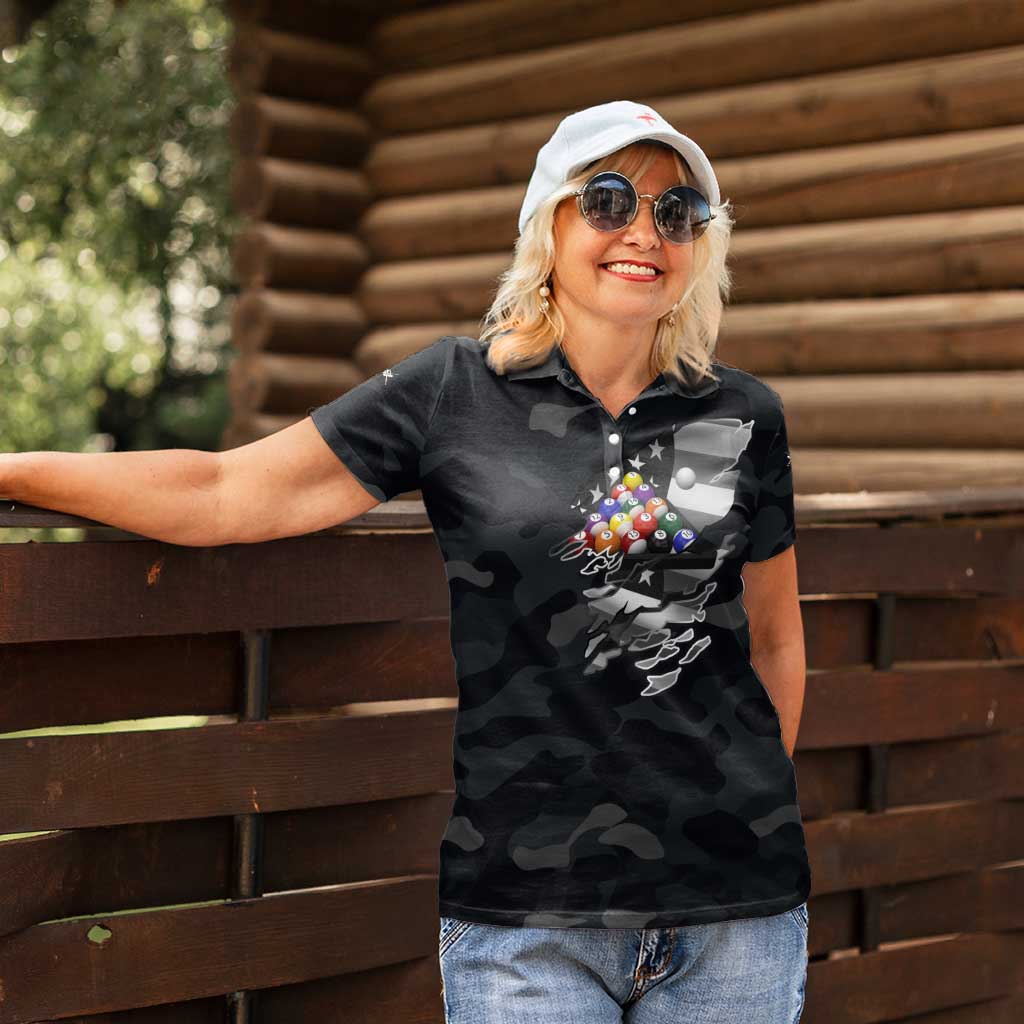 Custom American Flag Billiards Women Polo Shirt with 8-Ball Wings and Camo Background - Wonder Print Shop