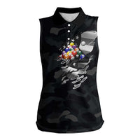 Custom American Flag Billiards Women Sleeveless Polo Shirt with 8-Ball Wings and Camo Background - Wonder Print Shop