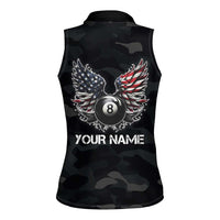 Custom American Flag Billiards Women Sleeveless Polo Shirt with 8-Ball Wings and Camo Background - Wonder Print Shop