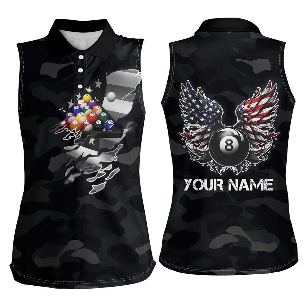 Custom American Flag Billiards Women Sleeveless Polo Shirt with 8-Ball Wings and Camo Background - Wonder Print Shop