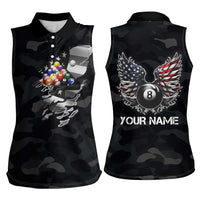 Custom American Flag Billiards Women Sleeveless Polo Shirt with 8-Ball Wings and Camo Background - Wonder Print Shop