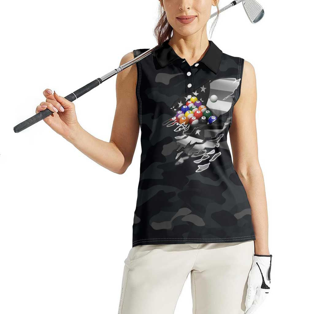 Custom American Flag Billiards Women Sleeveless Polo Shirt with 8-Ball Wings and Camo Background - Wonder Print Shop