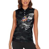 Custom American Flag Billiards Women Sleeveless Polo Shirt with 8-Ball Wings and Camo Background - Wonder Print Shop