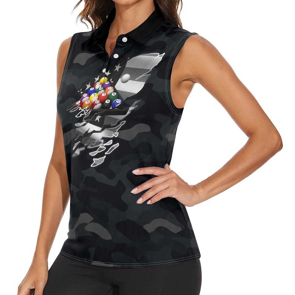 Custom American Flag Billiards Women Sleeveless Polo Shirt with 8-Ball Wings and Camo Background - Wonder Print Shop