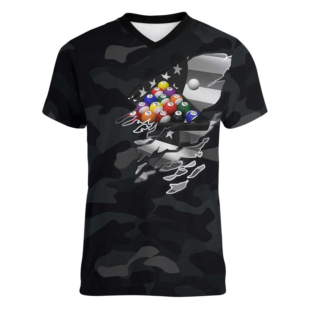 Custom American Flag Billiards Women V-Neck T-Shirt with 8-Ball Wings and Camo Background - Wonder Print Shop