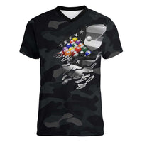 Custom American Flag Billiards Women V-Neck T-Shirt with 8-Ball Wings and Camo Background - Wonder Print Shop