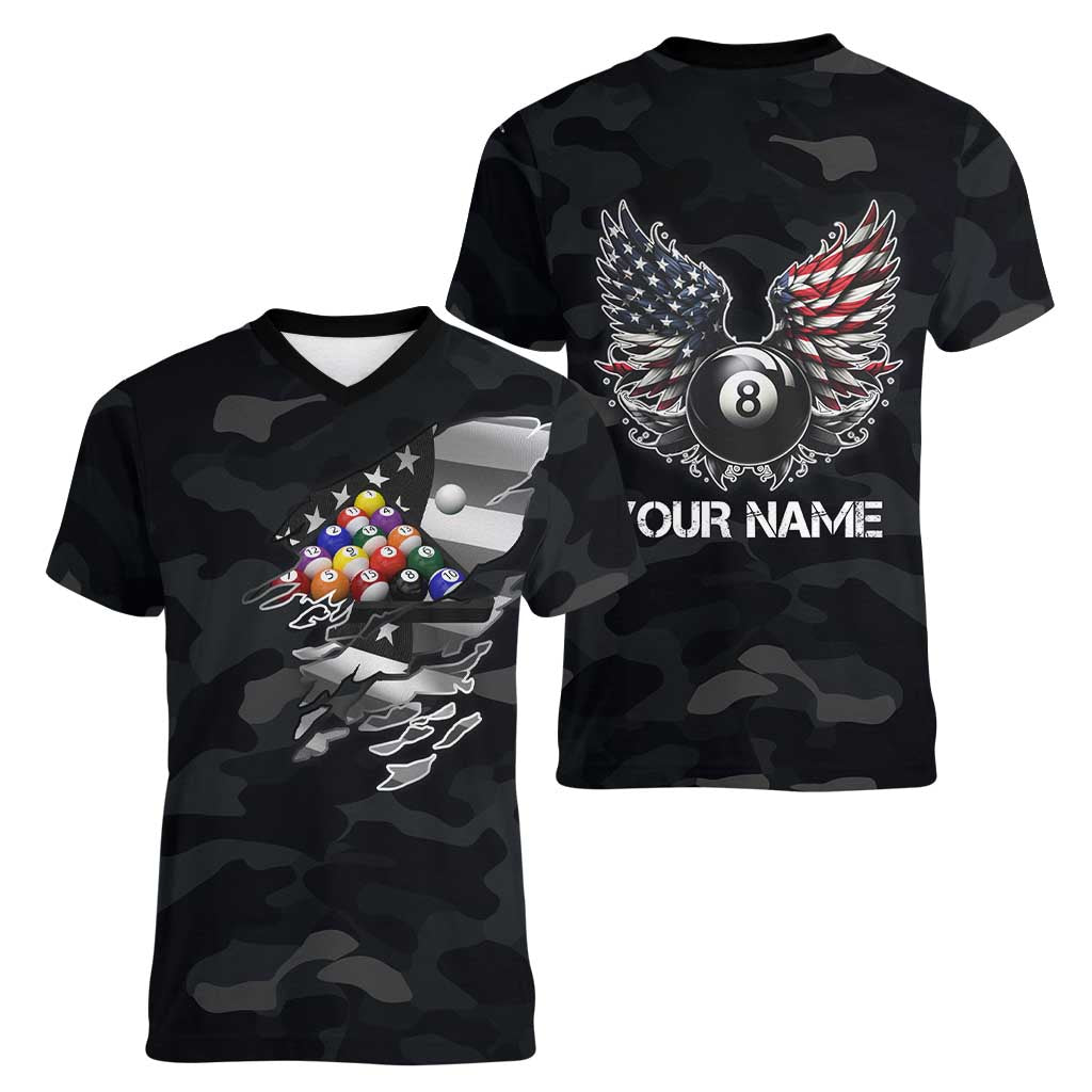 Custom American Flag Billiards Women V-Neck T-Shirt with 8-Ball Wings and Camo Background - Wonder Print Shop