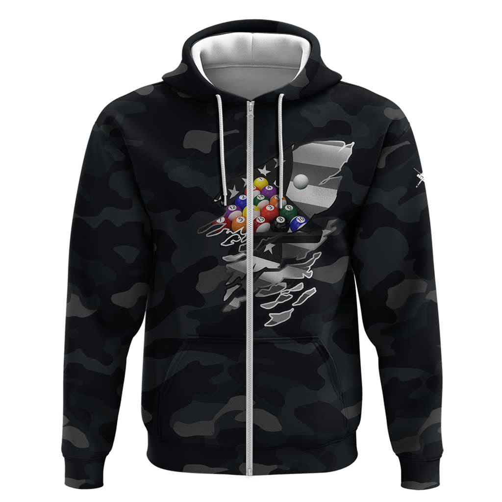 Custom American Flag Billiards Zip Hoodie with 8-Ball Wings and Camo Background - Wonder Print Shop