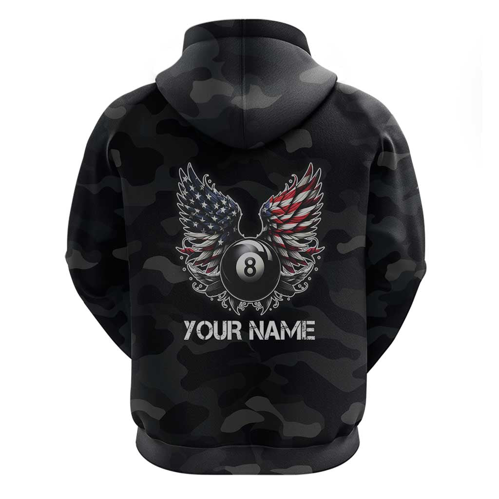 Custom American Flag Billiards Zip Hoodie with 8-Ball Wings and Camo Background - Wonder Print Shop