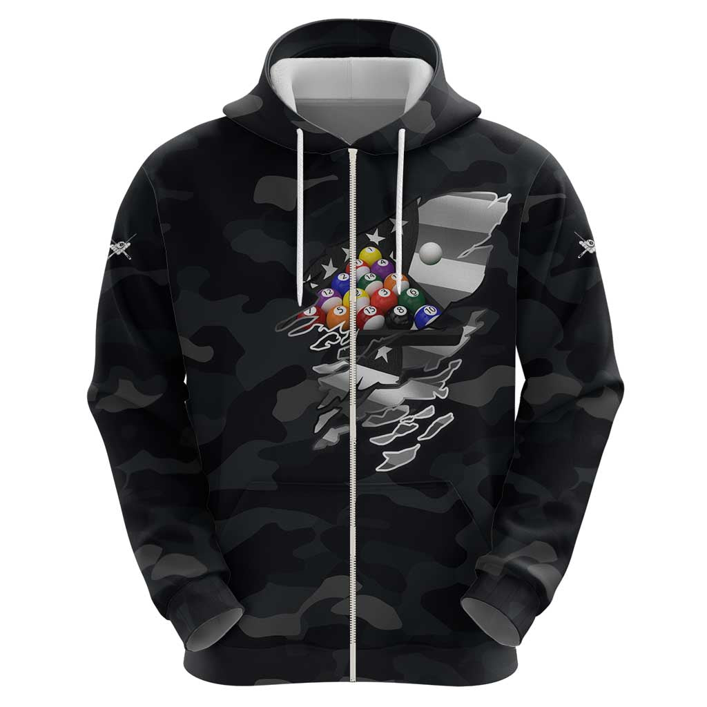 Custom American Flag Billiards Zip Hoodie with 8-Ball Wings and Camo Background - Wonder Print Shop