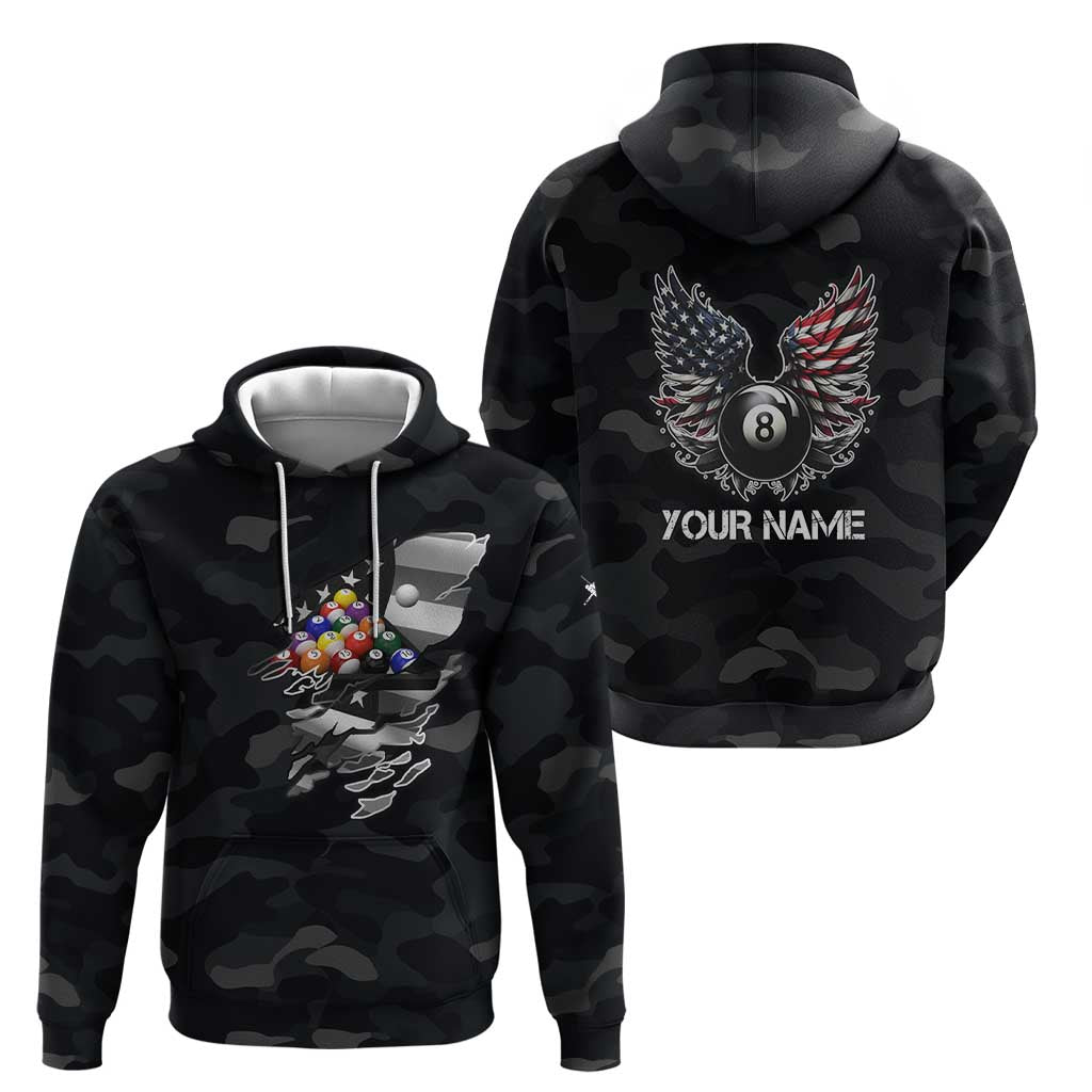 Custom American Flag Billiards Zip Hoodie with 8-Ball Wings and Camo Background - Wonder Print Shop
