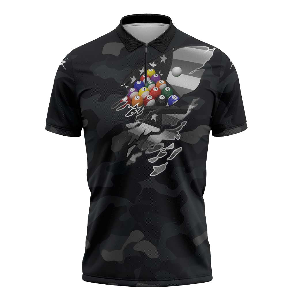 Custom American Flag Billiards Zipper Polo Shirt with 8-Ball Wings and Camo Background - Wonder Print Shop