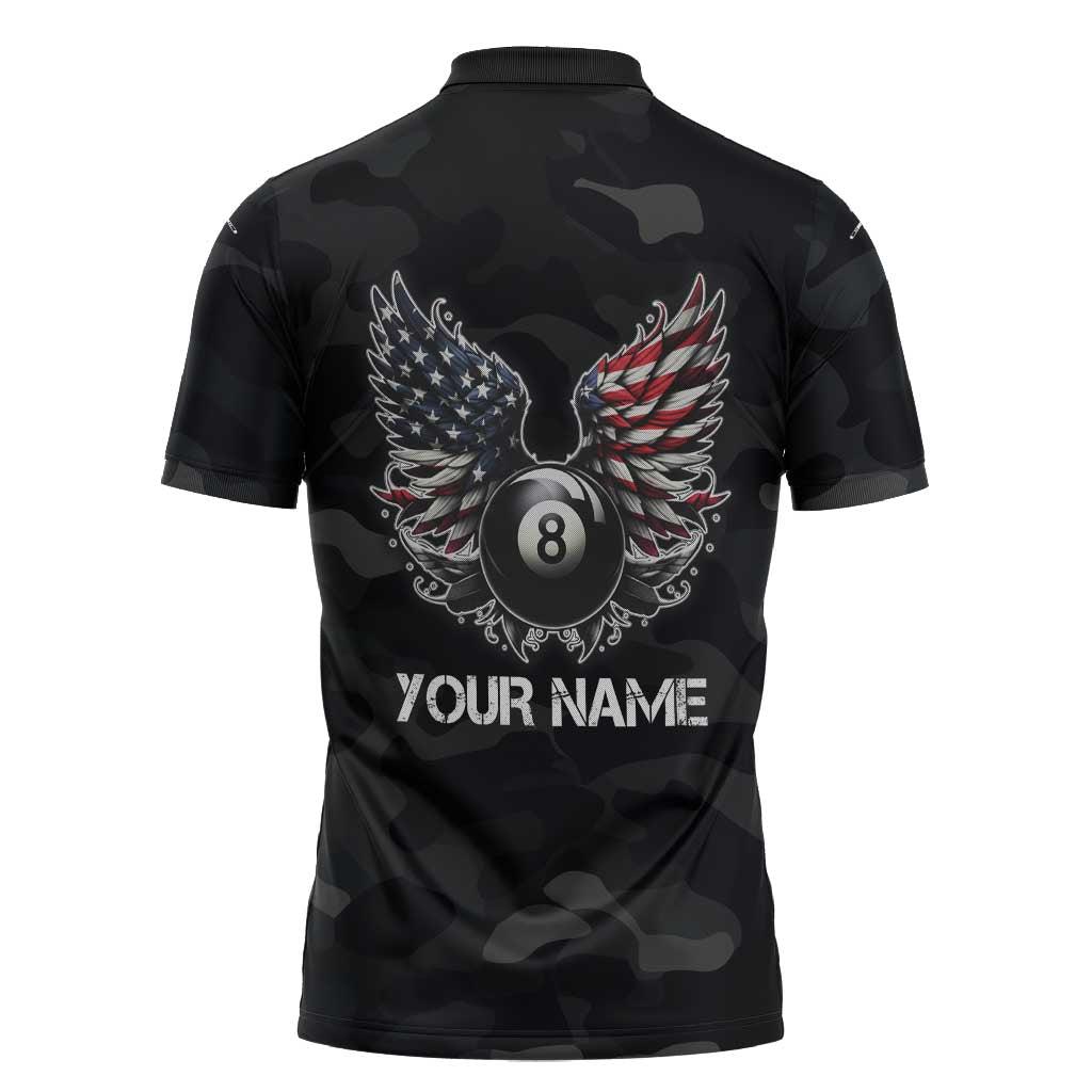 Custom American Flag Billiards Zipper Polo Shirt with 8-Ball Wings and Camo Background - Wonder Print Shop