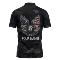 Custom American Flag Billiards Zipper Polo Shirt with 8-Ball Wings and Camo Background - Wonder Print Shop