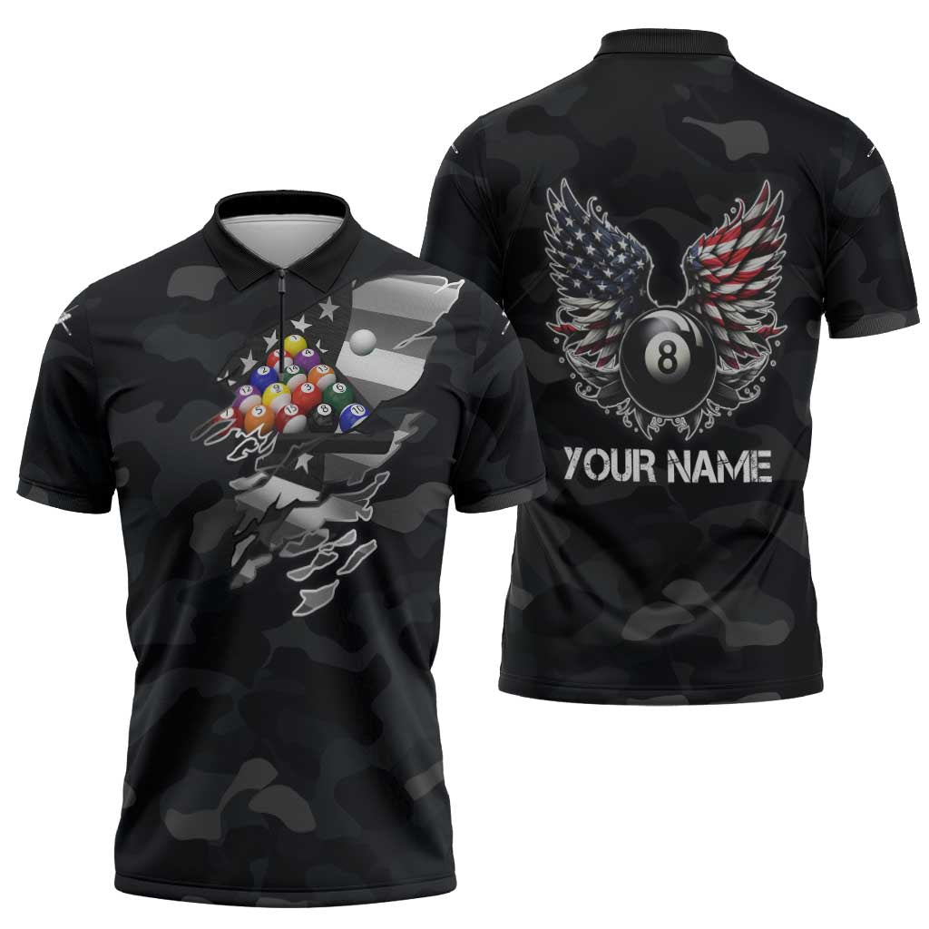 Custom American Flag Billiards Zipper Polo Shirt with 8-Ball Wings and Camo Background - Wonder Print Shop