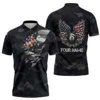 Custom American Flag Billiards Zipper Polo Shirt with 8-Ball Wings and Camo Background - Wonder Print Shop