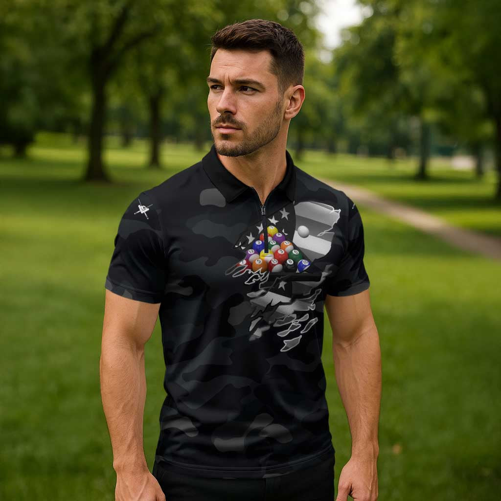 Custom American Flag Billiards Zipper Polo Shirt with 8-Ball Wings and Camo Background - Wonder Print Shop