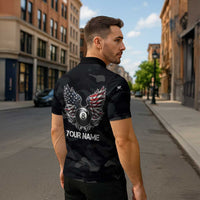 Custom American Flag Billiards Zipper Polo Shirt with 8-Ball Wings and Camo Background - Wonder Print Shop