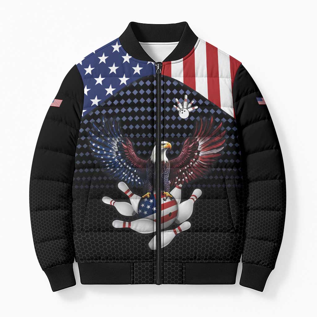 Custom Patriotic Bowling Bomber Puffer Jacket with Bald Eagle, American Flag Bowling Ball - Wonder Print Shop