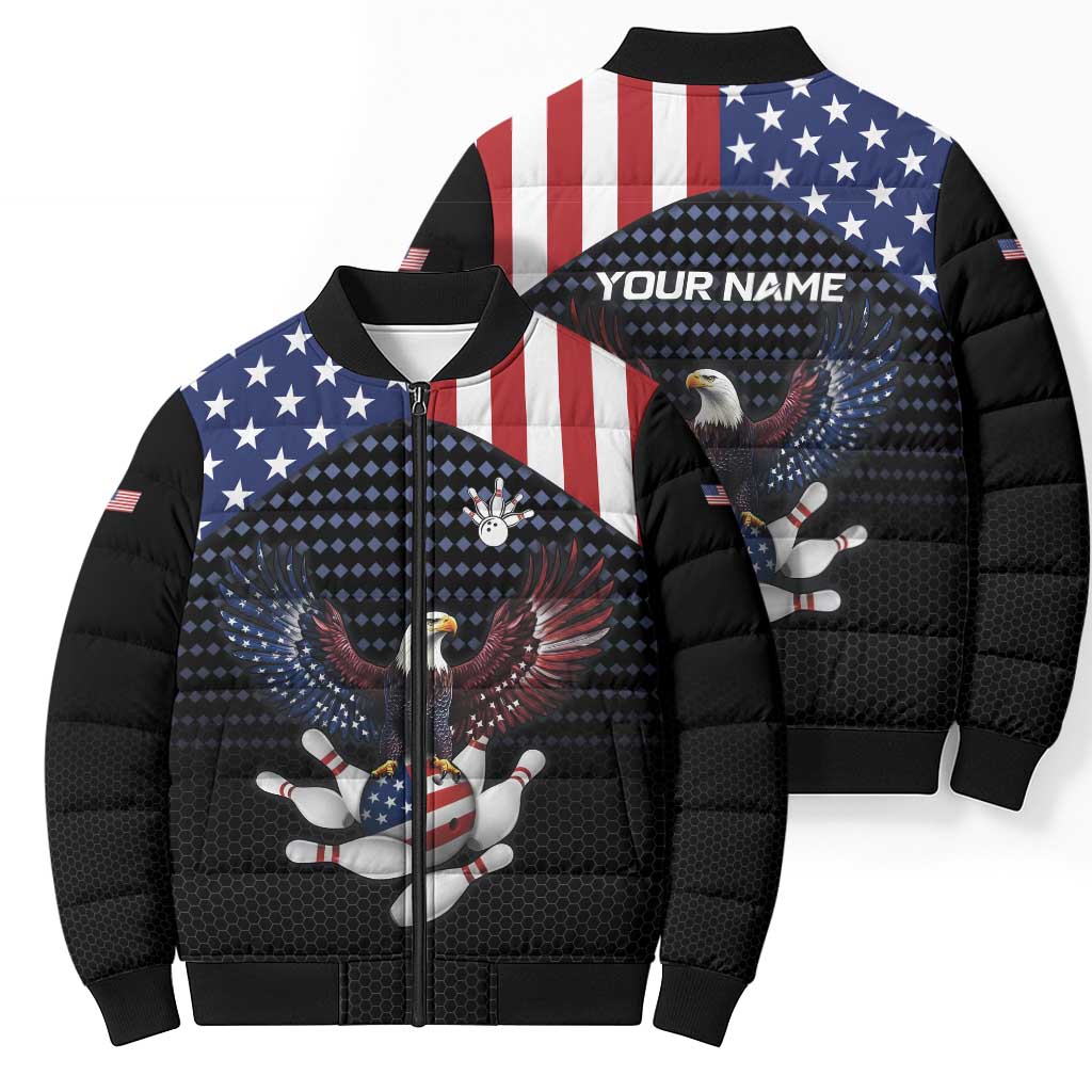 Custom Patriotic Bowling Bomber Puffer Jacket with Bald Eagle, American Flag Bowling Ball - Wonder Print Shop