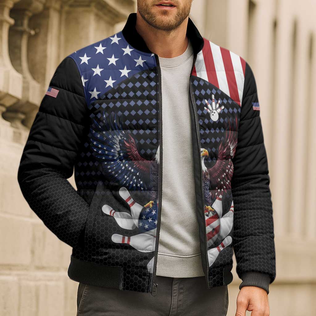 Custom Patriotic Bowling Bomber Puffer Jacket with Bald Eagle, American Flag Bowling Ball - Wonder Print Shop