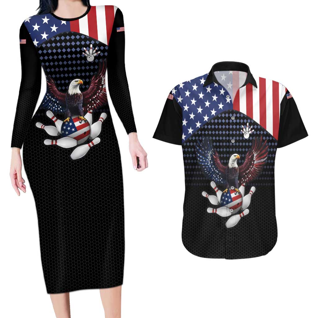 Custom Patriotic Bowling Couples Matching Long Sleeve Bodycon Dress and Hawaiian Shirt with Bald Eagle, American Flag Bowling Ball - Wonder Print Shop