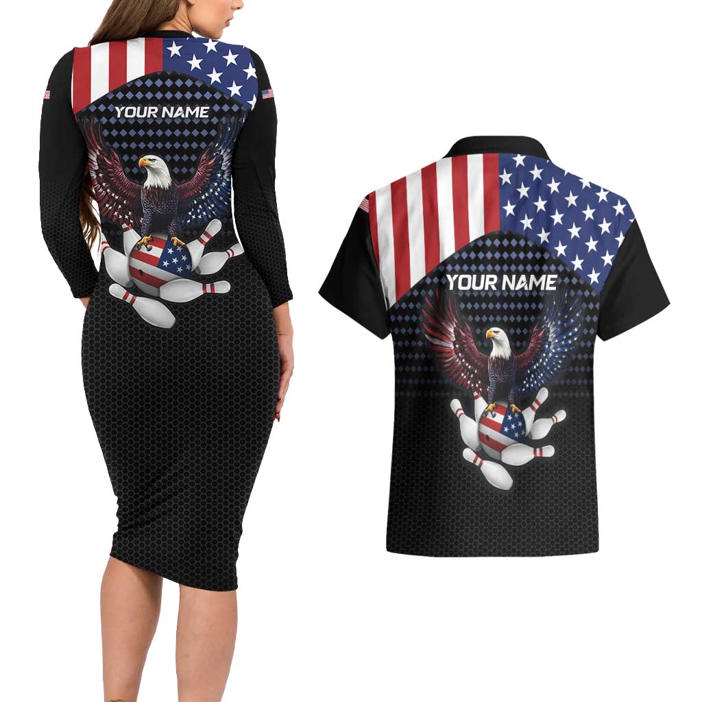 Custom Patriotic Bowling Couples Matching Long Sleeve Bodycon Dress and Hawaiian Shirt with Bald Eagle, American Flag Bowling Ball - Wonder Print Shop