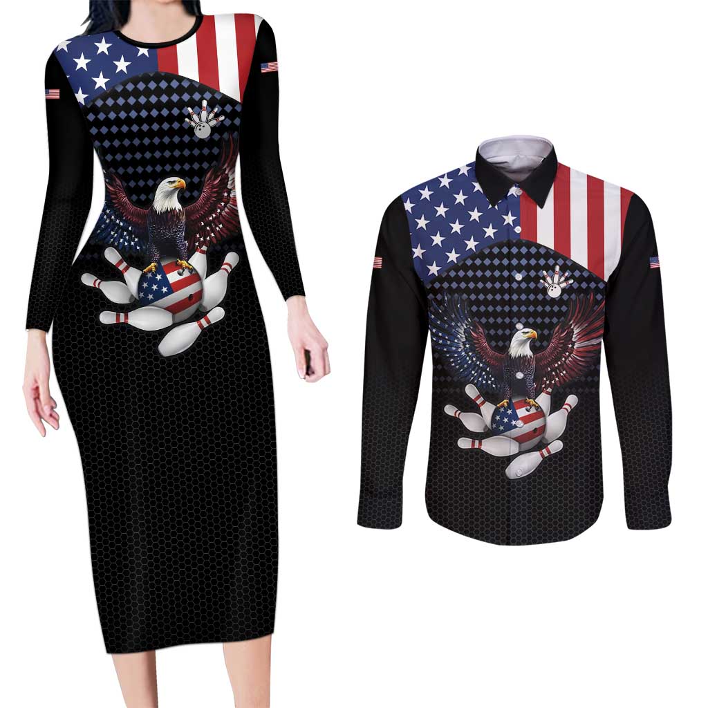 Custom Patriotic Bowling Couples Matching Long Sleeve Bodycon Dress and Long Sleeve Button Shirt with Bald Eagle, American Flag Bowling Ball - Wonder Print Shop