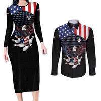 Custom Patriotic Bowling Couples Matching Long Sleeve Bodycon Dress and Long Sleeve Button Shirt with Bald Eagle, American Flag Bowling Ball - Wonder Print Shop