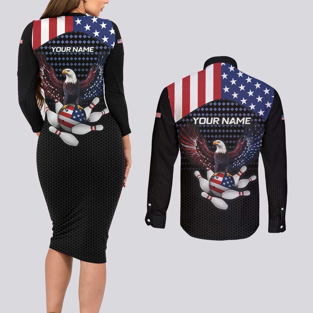 Custom Patriotic Bowling Couples Matching Long Sleeve Bodycon Dress and Long Sleeve Button Shirt with Bald Eagle, American Flag Bowling Ball - Wonder Print Shop