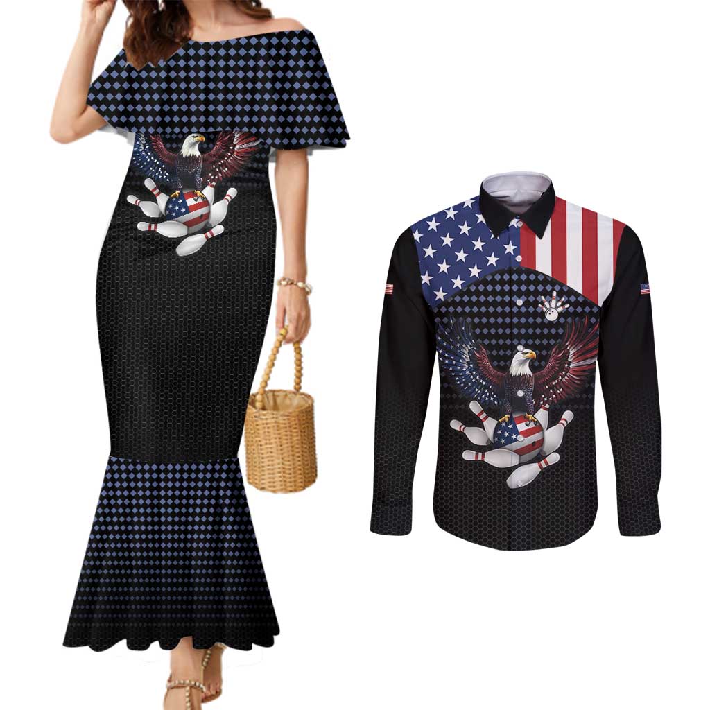 Custom Patriotic Bowling Couples Matching Mermaid Dress and Long Sleeve Button Shirt with Bald Eagle, American Flag Bowling Ball - Wonder Print Shop