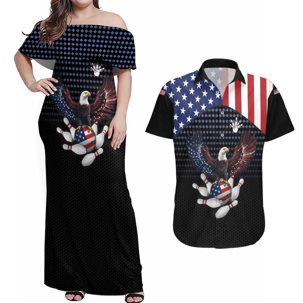 Custom Patriotic Bowling Couples Matching Off Shoulder Maxi Dress and Hawaiian Shirt with Bald Eagle, American Flag Bowling Ball - Wonder Print Shop