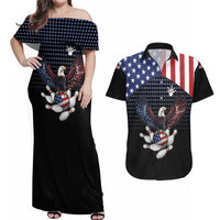 Custom Patriotic Bowling Couples Matching Off Shoulder Maxi Dress and Hawaiian Shirt with Bald Eagle, American Flag Bowling Ball - Wonder Print Shop